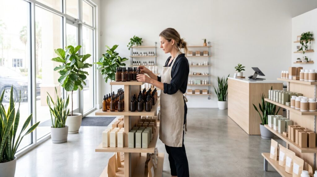 Florida CBD wellness retail boutique interior with shop owner arranging amber product bottles on shelves