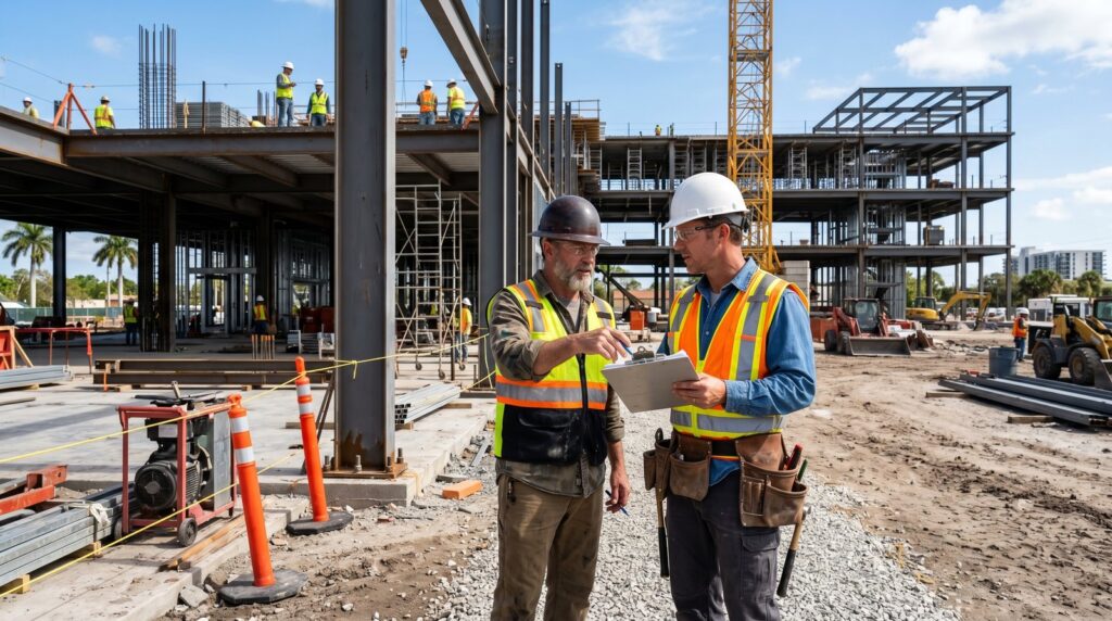 Florida general contractor and foreman in hard hats reviewing plans at commercial construction jobsite