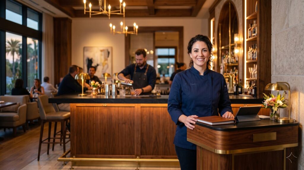 Florida restaurant owner at host stand inside upscale modern restaurant with bartender in background
