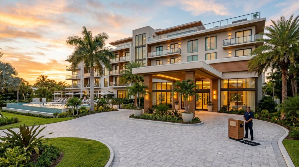 Florida boutique hotel exterior at golden hour with palm trees valet stand and modern architecture