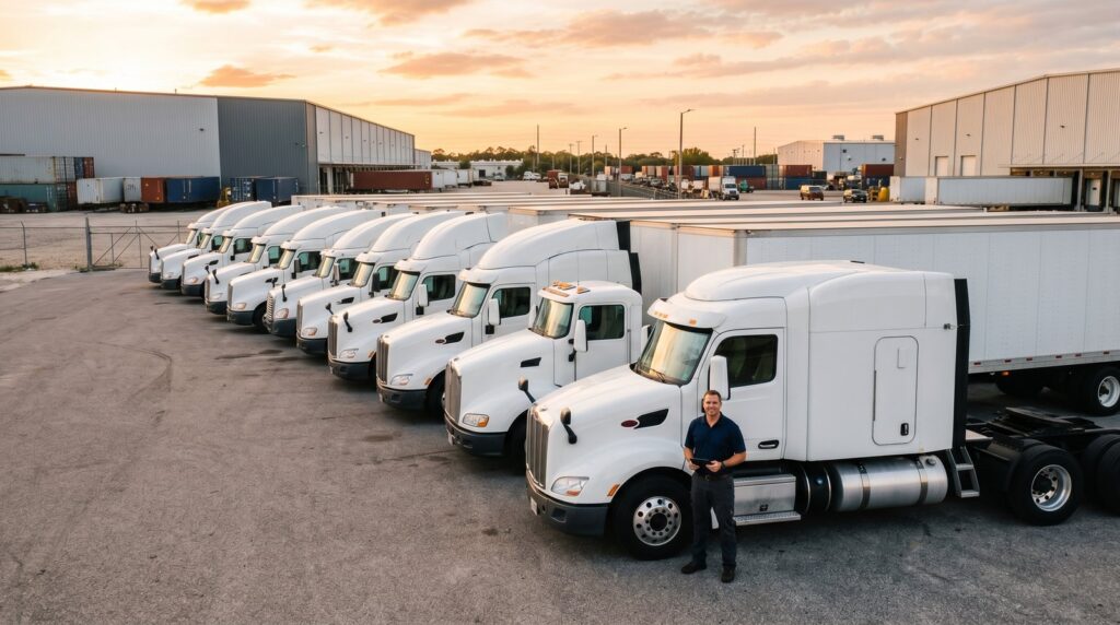 Florida commercial trucking fleet at logistics yard with operator beside lead truck