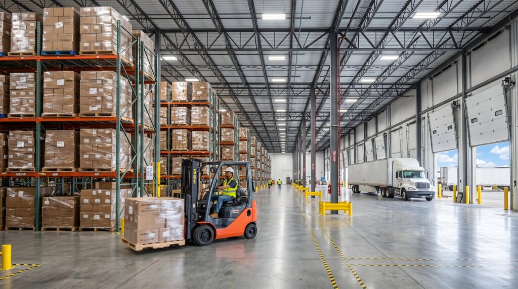 Florida warehouse interior with high-bay racking forklift operator and loading dock with logistics truck